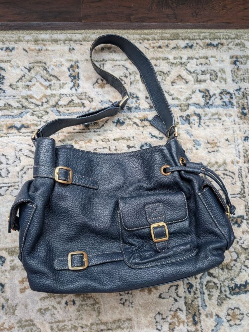 Maxx New York Navy Blue Pebbled Leather Buckle Satchel Handbag Shoulder Bag Purs
